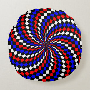 Red White Blue Schachbrett Spiral von Kenneth Yonc Rundes Kissen