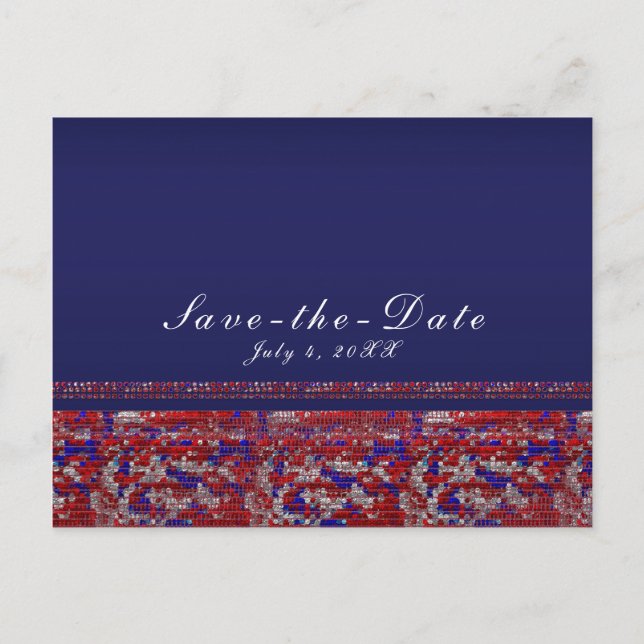 Red White & Blue Sparkle Sequins 4. Juli Party Ankündigungspostkarte (Vorderseite)