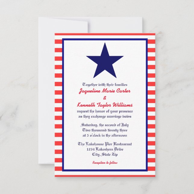 Red White & Blue Star - 3x5 Einladung zur Hochzeit (Vorderseite)