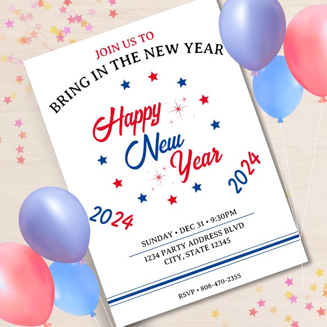 Red White & Blue Star Happy New Year 2024 Einladung (Red White & Blue Star Happy New Year 2024 Invitation)
