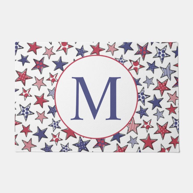 Red White Blue Stars America Patriotic Monogram  Fußmatte (Vorderseite)