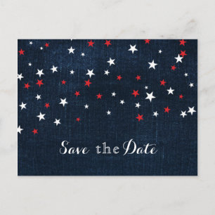 Red White & Blue Stars Denim Save the Date Party Ankündigungspostkarte