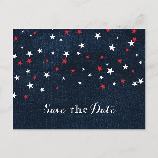 Red White & Blue Stars Denim Save the Date Party Ankündigungspostkarte (Vorderseite)