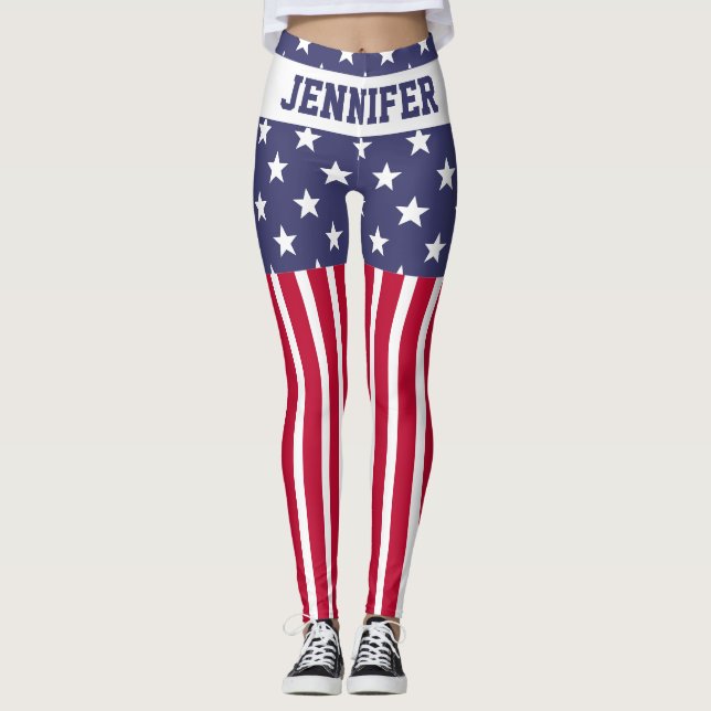Red White Blue Stars Streifen USA Flagge Ihr Name Leggings (Vorderseite)