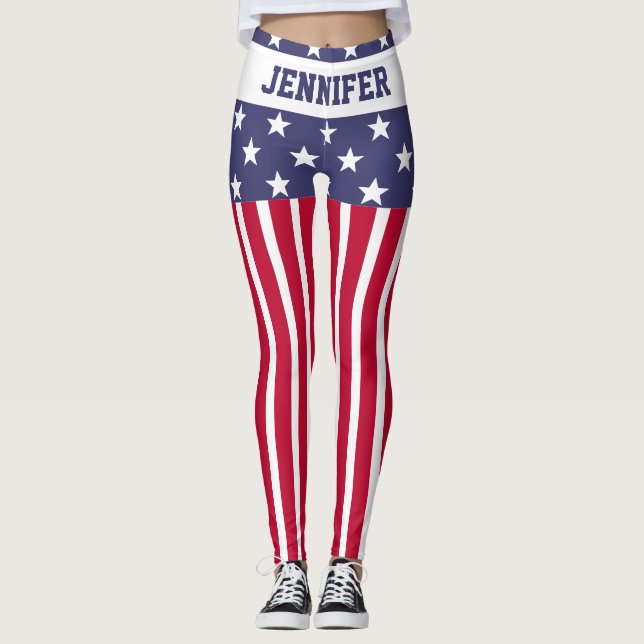 Red White Blue Stars Streifen USA Flagge Ihr Name Leggings (Vorderseite)