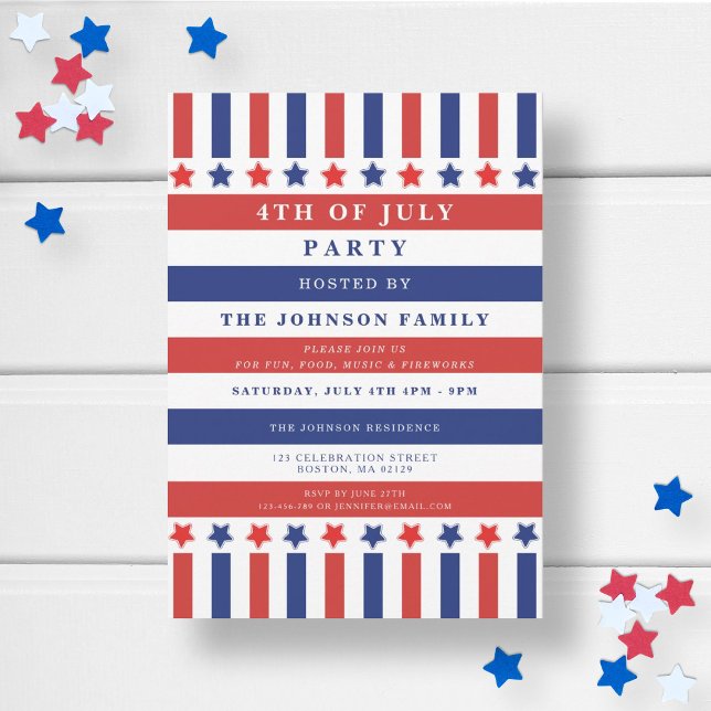 Red White Blue Stars & Stripes 4. Juli Party Einladung (Patriotic Red White Blue Balloon 4th Of July Party Invitation)