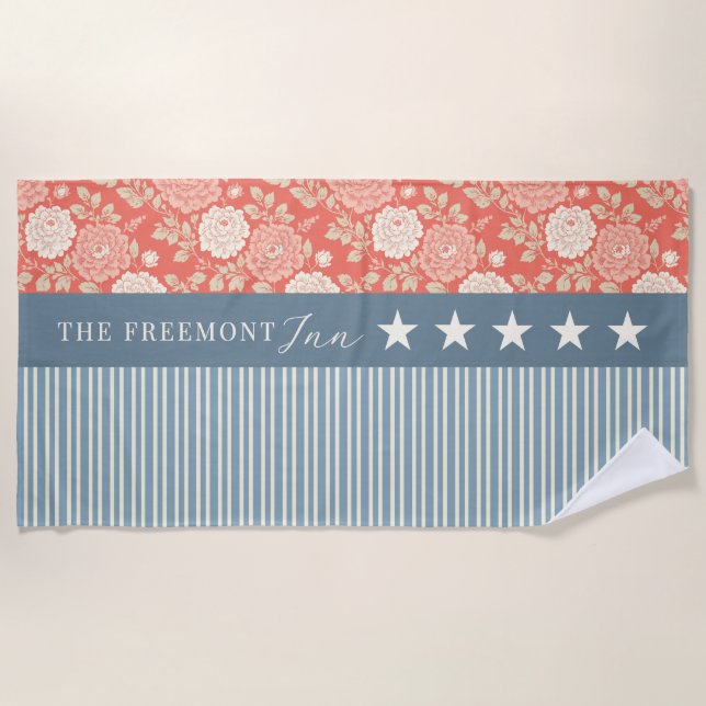 Red White Blue Stars Stripes Floral Block print  Strandtuch (Vorderseite)