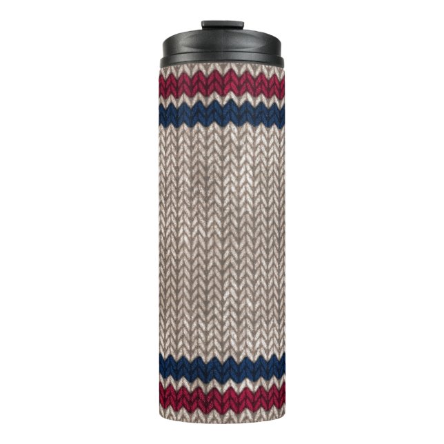 Red White Blue Strick Look Stripe Muster Thermosbecher (Vorderseite)