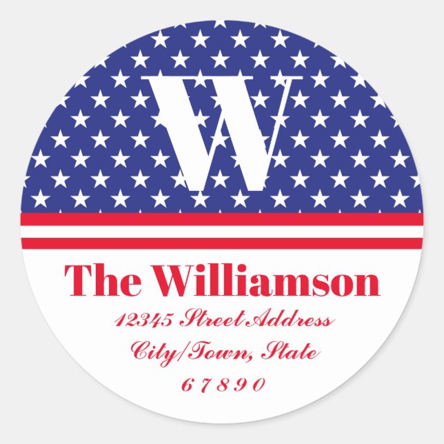 Red White Blue US Flagge Family Address Runder Aufkleber (Vorderseite)