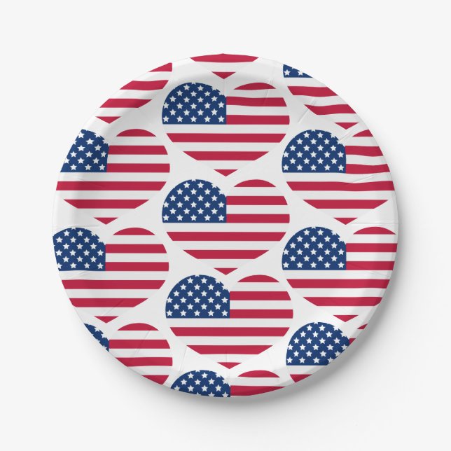 Red White Blue USA Flag Hearts 4. Juli Patriotic Pappteller (Vorderseite)