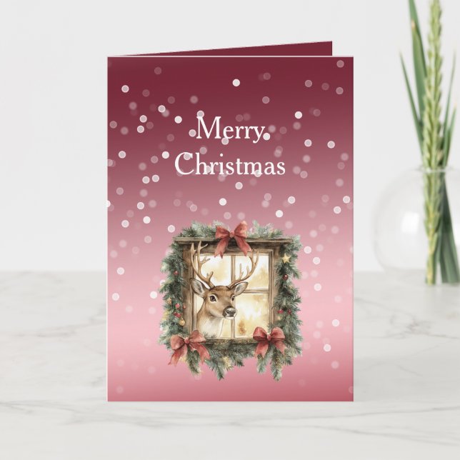 Red White Bokeh Dots Christmas Deer in Window Karte (Vorderseite)