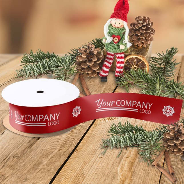 Red White Brand Company Logo Snowflake Weihnachten Satinband (red ribbon with white business logo, red company holiday christmas gift ribbon)