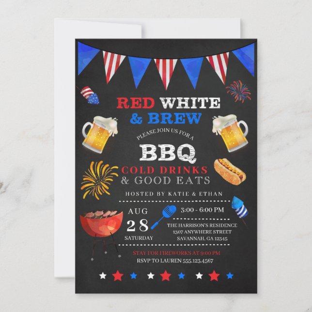 Red White & Brew 4. Juli GRILLEN Einladung (Vorderseite)