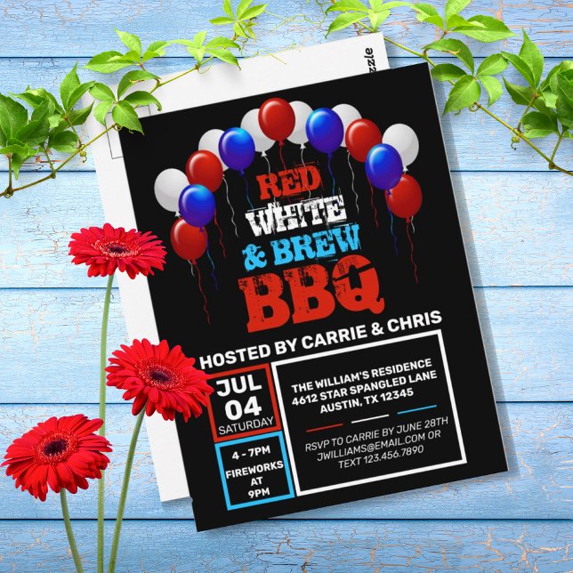 Red White & Brew GRILLEN 4. Juli Party Einladung Postkarte (RED, WHITE & BREW BBQ 4TH OF JULY PARTY INVITATION)