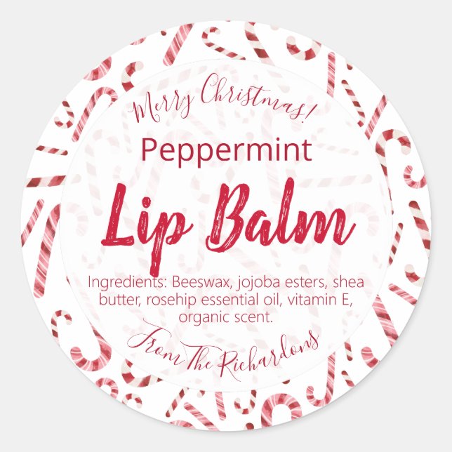 Red White Candy Cane Christmas Lip Balm Labels Runder Aufkleber (Vorderseite)