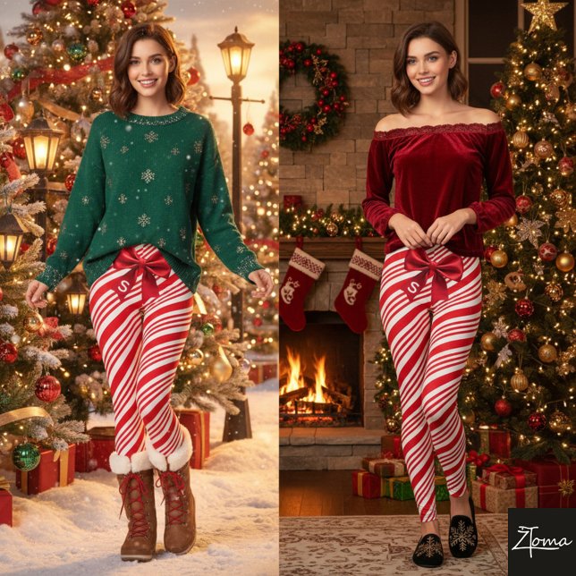 Red White Candy Cane Diagonal Stripes Bow Leggings (Von Creator hochgeladen)