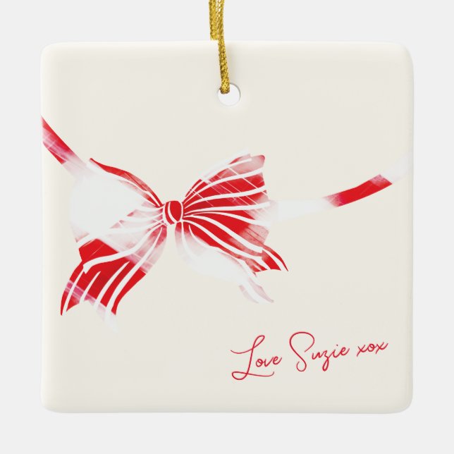 Red White Candy Cane Holiday Bow Foto Keramikornament (Vorderseite)
