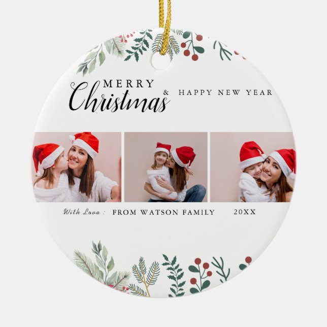 Red & White Candy Cane Holiday Foto Collage Keramik Ornament (Vorne)
