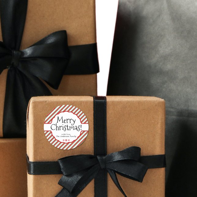 Red & White Candy Cane Stripe Holiday Geschenketik Runder Aufkleber (Modern Minimal Red and Green Candy Cane Stripes Classic Round Sticker)