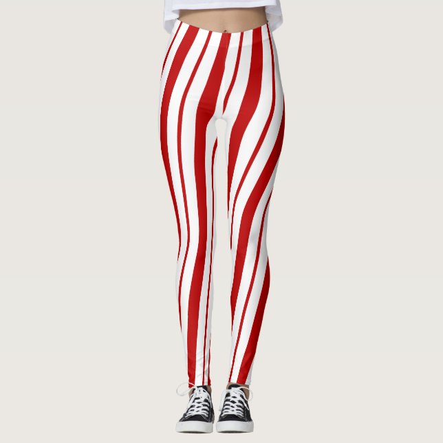 Red & White Candy Cane Stripes Festliche Weihnacht Leggings (Vorderseite)