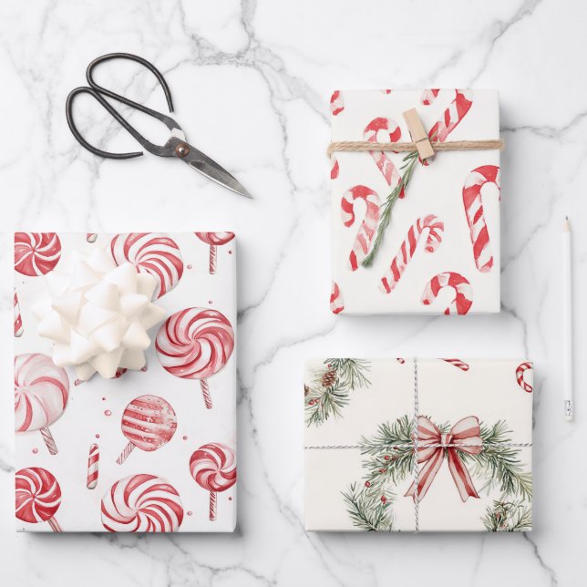 Red White Cane Stripes Christmas Wreaths Geschenkpapier Set (Vorderseite)