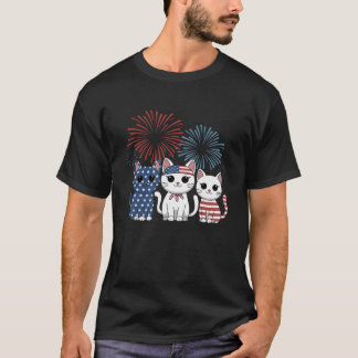 Red White Cat USA Flag Feuerwerk 4. Juli S T-Shirt