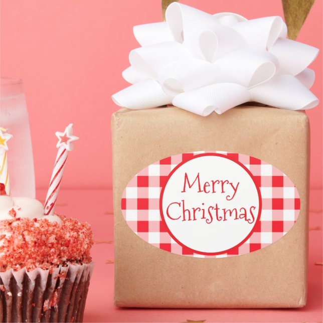 Red White Check Whimsical MERRY CHRISTMAS Ovaler Aufkleber (Party)