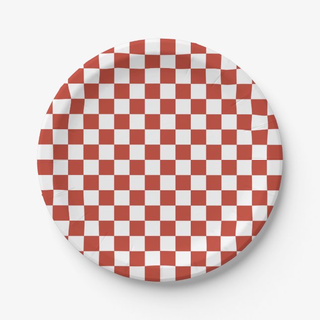 Red& White Checkered Pattern Mid Century Retro Pappteller (Vorderseite)