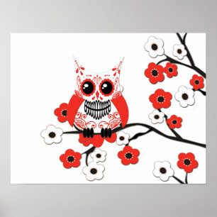 Red White Cherry Blossom Owl Poster