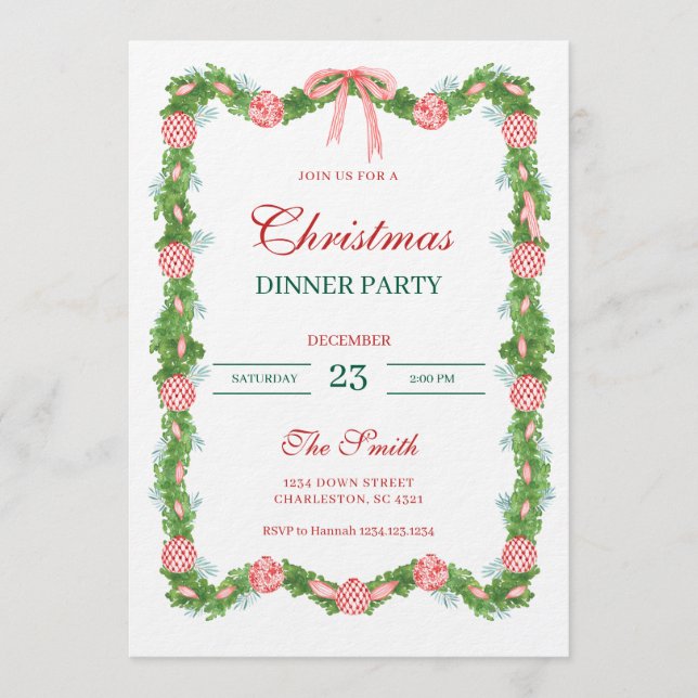 Red & White Chinoiserie Garland Grandmillennial Einladung (Vorderseite)