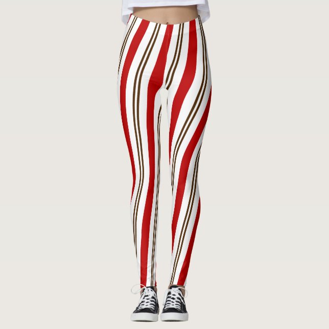 Red White & Chocolate Candy Cane Streifen Weihnach Leggings (Vorderseite)