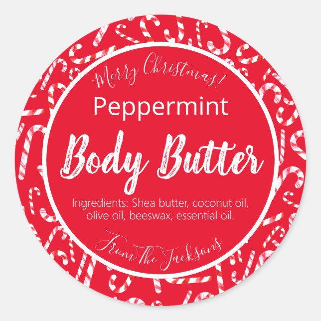 Red White Christmas Candy Cane Body Butter Labels Runder Aufkleber (Vorderseite)