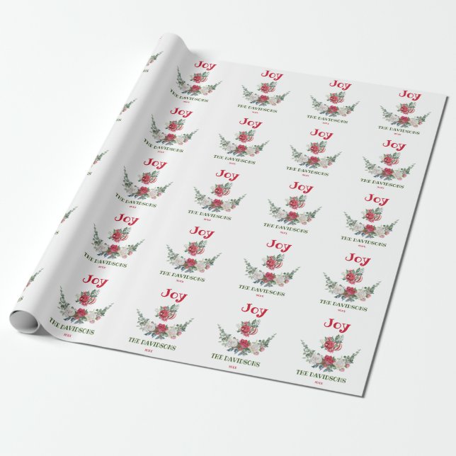 Red White Christmas Floral Jolidays Monogram Geschenkpapier (Ungerollt)