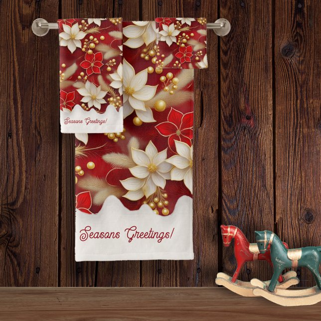 Red White Christmas Floral Pattern#17 ID1009 Badhandtuch Set (Von Creator hochgeladen)