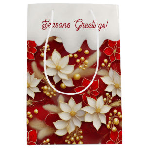 Red White Christmas Floral Pattern#17 ID1009 Mittlere Geschenktüte