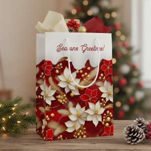 Red White Christmas Floral Pattern#17 ID1009 Mittlere Geschenktüte