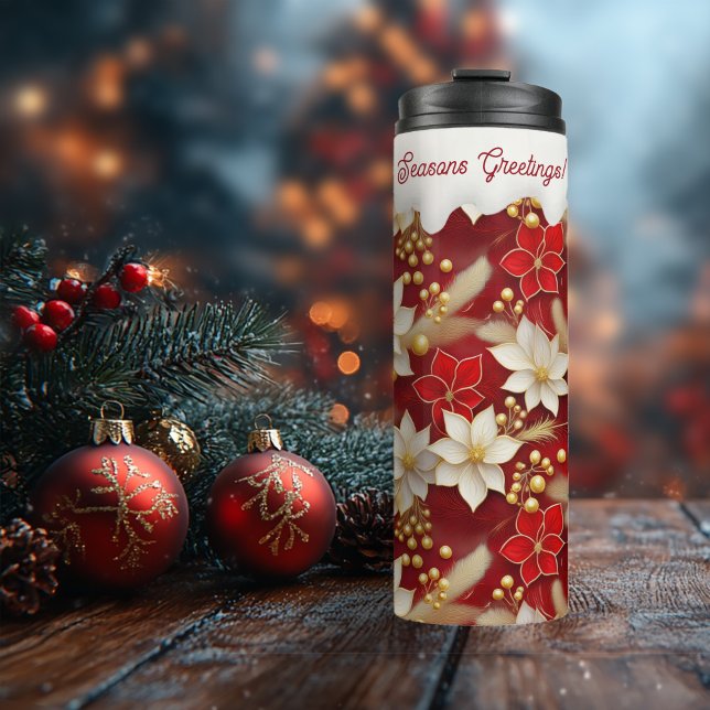Red White Christmas Floral Pattern#17 ID1009 Thermosbecher (Von Creator hochgeladen)