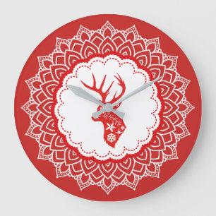 Red & White Christmas Hirsch White Mandala Rahmen Große Wanduhr