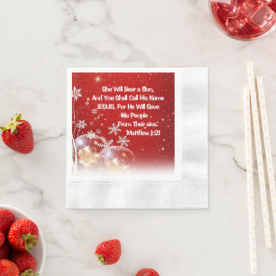 Red & White Christmas Napkin - Matthew 1:21 Script Serviette