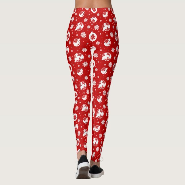 Red & White Christmas Snowflake auf Bubbles Muster Leggings (Rückseite)