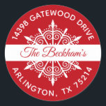 Red White Christmas Snowflake Rücksendeadresse Runder Aufkleber<br><div class="desc">Ein festlicher rot-weißer Urlaubsschneeflocker mit den Worten Frohe Weihnachten und Ihren Namen und Ihre Adresse! Sie fügen Ihren Weihnachtskarten eine Touch mit diesem Snowflake Rücksendelabel hinzu. Entworfen für Sie von BlackBerry Boulevard.</div>