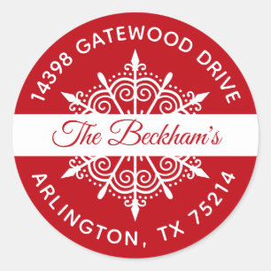 Red White Christmas Snowflake Rücksendeadresse Runder Aufkleber