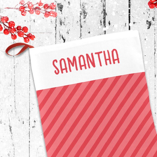 Red White Christmas Streifen Personalisiert Kleiner Weihnachtsstrumpf (Cute whimsical red striped Christmas stocking with whimsical cute typography. )
