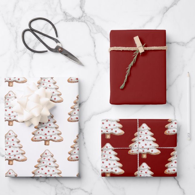 Red White Christmas Tree Cookies Geschenkpapier Set (Vorderseite)
