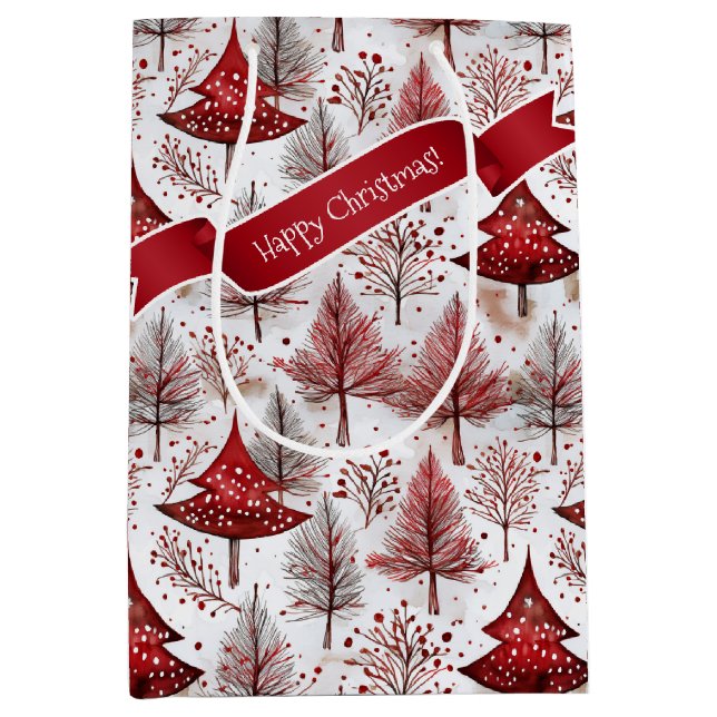 Red White Christmas Tree Pattern#4 ID1009 Mittlere Geschenktüte (Vorderseite)