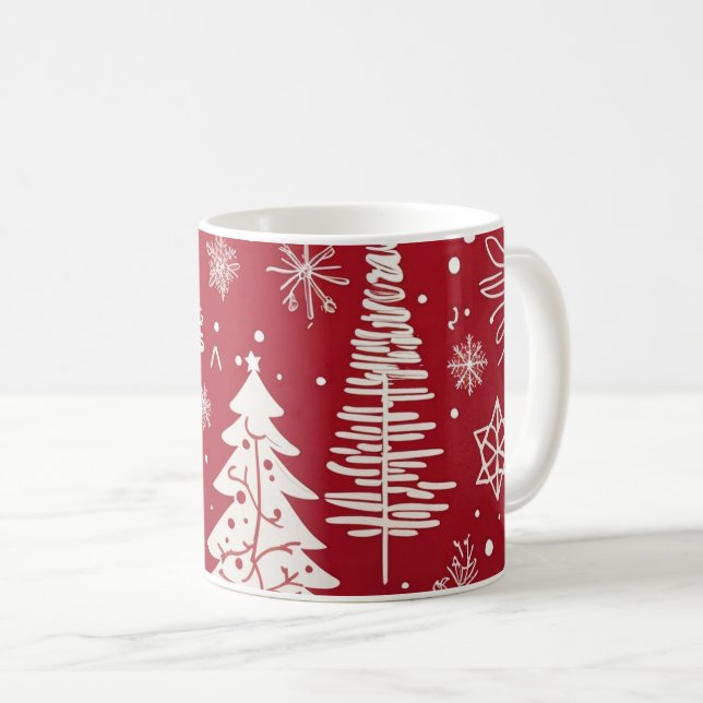Red White Christmas Tree Snowflake Muster Kaffeetasse (VorderseiteRechts)