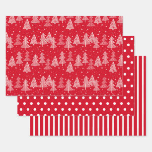 Red White Christmas Trees Polka Dots Strip Geschenkpapier Set