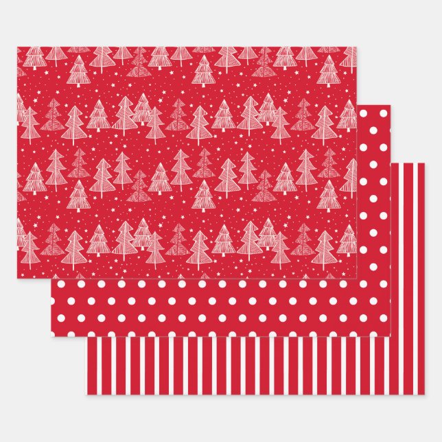 Red White Christmas Trees Polka Dots Strip Geschenkpapier Set (Set)