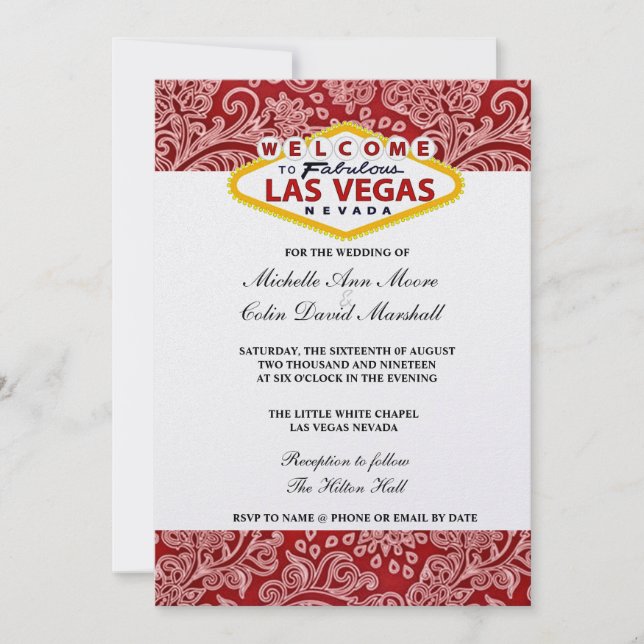 Red & White Damask Floral Las Vegas Hochzeitsempfa Einladung (Vorderseite)