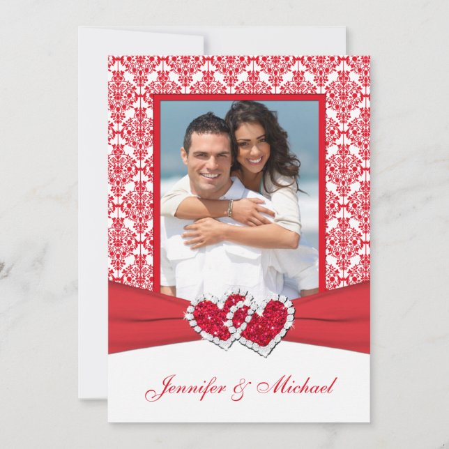 Red & White Damask & Hearts Foto Einladung (Vorderseite)